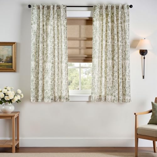 Image of jinchan Linen Floral Curtains for Living Room with Printed Flower 63 Inches Long Light Filtering Farmhouse Window Treatment Vintage Short Drapes Back Tab Rod Pocket 2 Panels Green on Beige