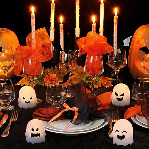 Image of Eldnacele Ghost Flickering Flameless Candles with Remote & Timer,Battery Operated Warm Light White Plastic LED Candles Set of 6 for Halloween Indoor Spooky Face Ambiance Decor(2x2 .4Inches)