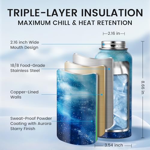 Image of RAYMYLO Insulated Water Bottle 32 oz, Triple Wall Vacuum Stainless Steel (Cold for 24Hrs, Hot for 12Hrs), Leak Proof & Non-BPA, Modern Water Flask Jug with Paracord Handle & Straw Spout Lids