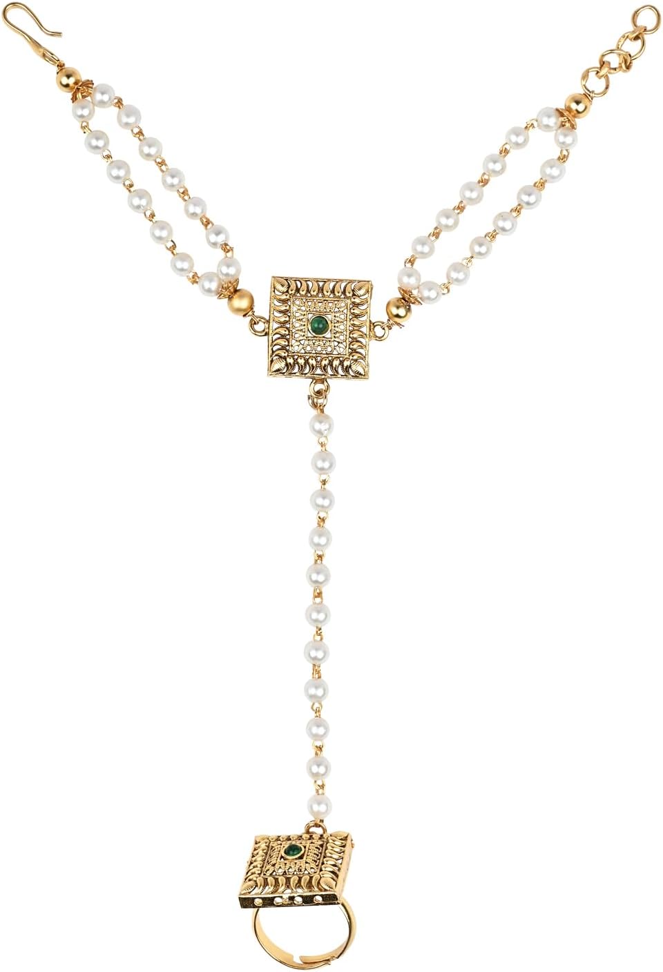 I Jewels Gold Plated Indian Wedding Bollywood Embellish With Kundan & Pearl Adjustable Haath Phool/Panja Bracelet for Women (PIJ035G)