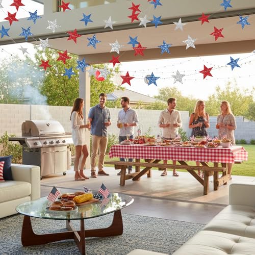 Image of Patelai Glitter Star Garland Banner 2026 Graduation Decor 130 Feet Star Hanging Banner Twinkle Backdrop for Party Birthday Classroom Wedding Supplies(Red, Blue, Silver)