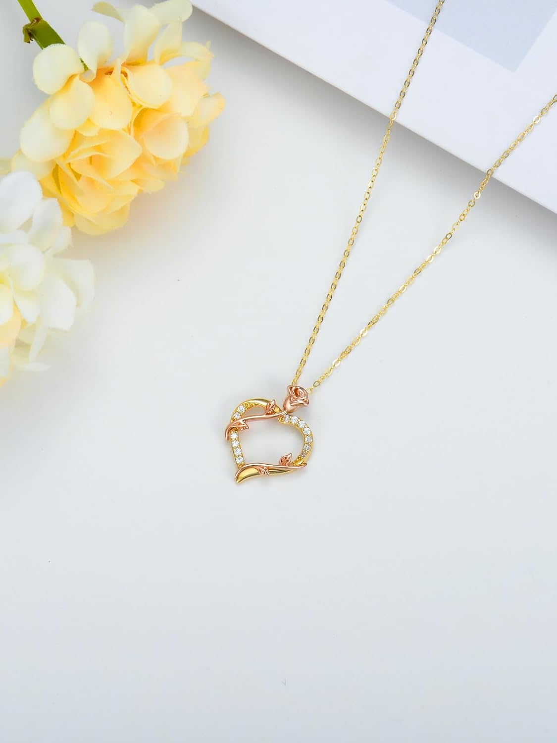14K Solid Gold Rose Flower/Sunflower Necklaces for Women Flower Heart Pendant Necklace Love Sunshine Jewelry Anniversary Valentine's Day Birthday GiftS for Women Wife Girlfriend Her Mom - Image 3
