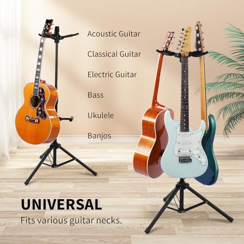 GUITTO Triple Guitar Stand - Heavy Duty 3 Guitar Stand for Acoustic/Electric/Bass/Banjos, Auto-Lock Folding Design, 360° Non-Slip Base & Anti-Rust - Portable for Stage/Travel/Studio GGS-06T