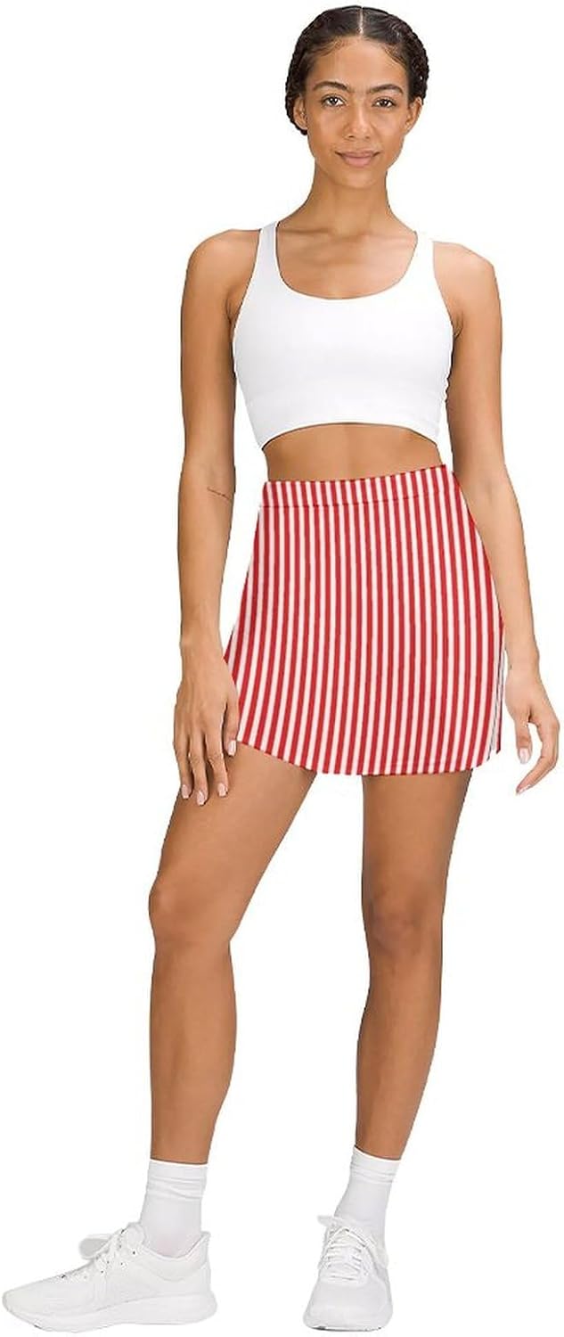 Red and White Stripes Print Skorts for Woman, Athletic Mini Tennis Skirt Golf Skirt for Women with Pocket - Image 2
