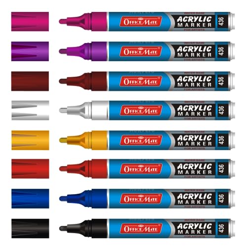 Image of Soni Officemate Regular Acrylic Marker | Pack of 8 (Mix) | Water-Based Ink | For Canvas, Paper, Glass & More | 4.5 mm Bullet Tip