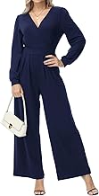 Damen Lang Jumpsuit Langarm V-Ausschnitt Overall Elegant Hosenanzug Weites Bein Romper Mit Taschen