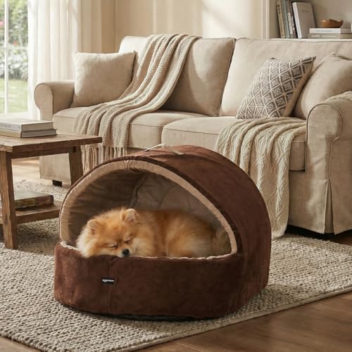 Image of Amazon Basics Pet Bed Cave | Soft & Warm Indoor Tent Bed for Cats, Kittens & Small /Medium Dogs (Pug, Beagle, Shih Tzu) | Foldable with Removable Cushion | Russet & Beige | 59 x 56 x 48 cm