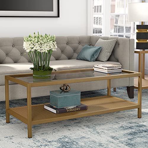 Image of Henn&Hart 45 inch Wide Rectangular Coffee Table in Brass, Modern coffee tables for living room, studio apartment essentials