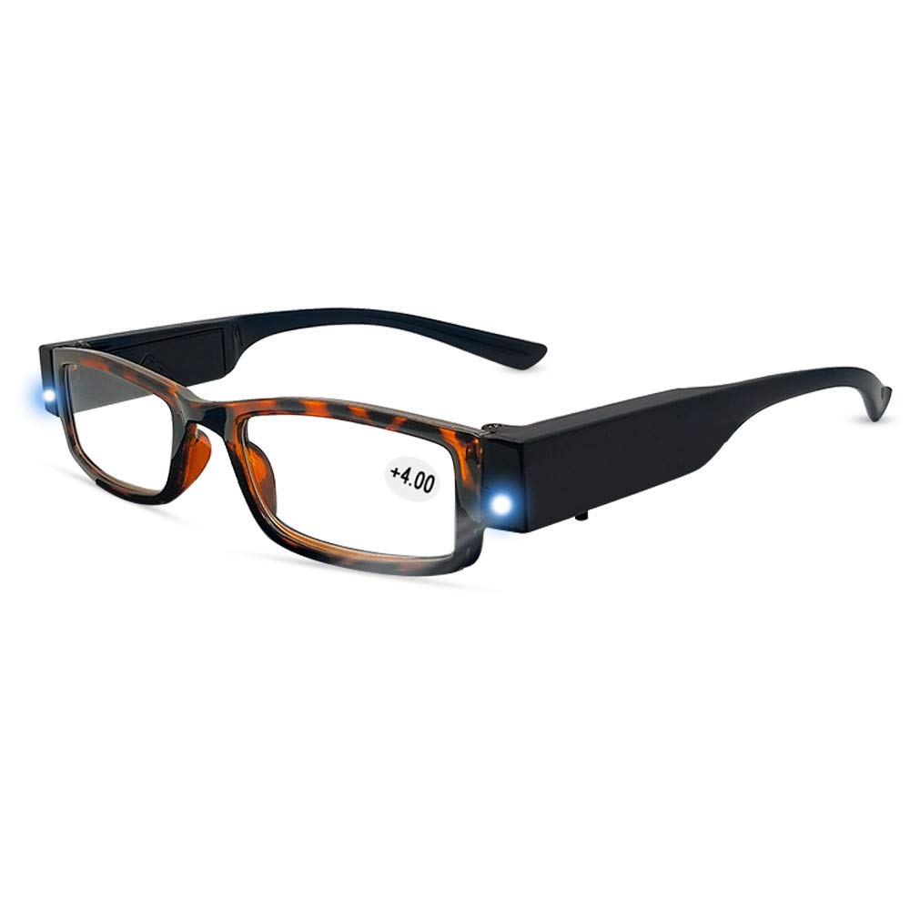 Reading Glasses with Light Bright LED Readers with Lights Lighted Magnifier Nighttime Reader Compact Full Frame Eyewear Lighted Eye Glasses (+4.0)