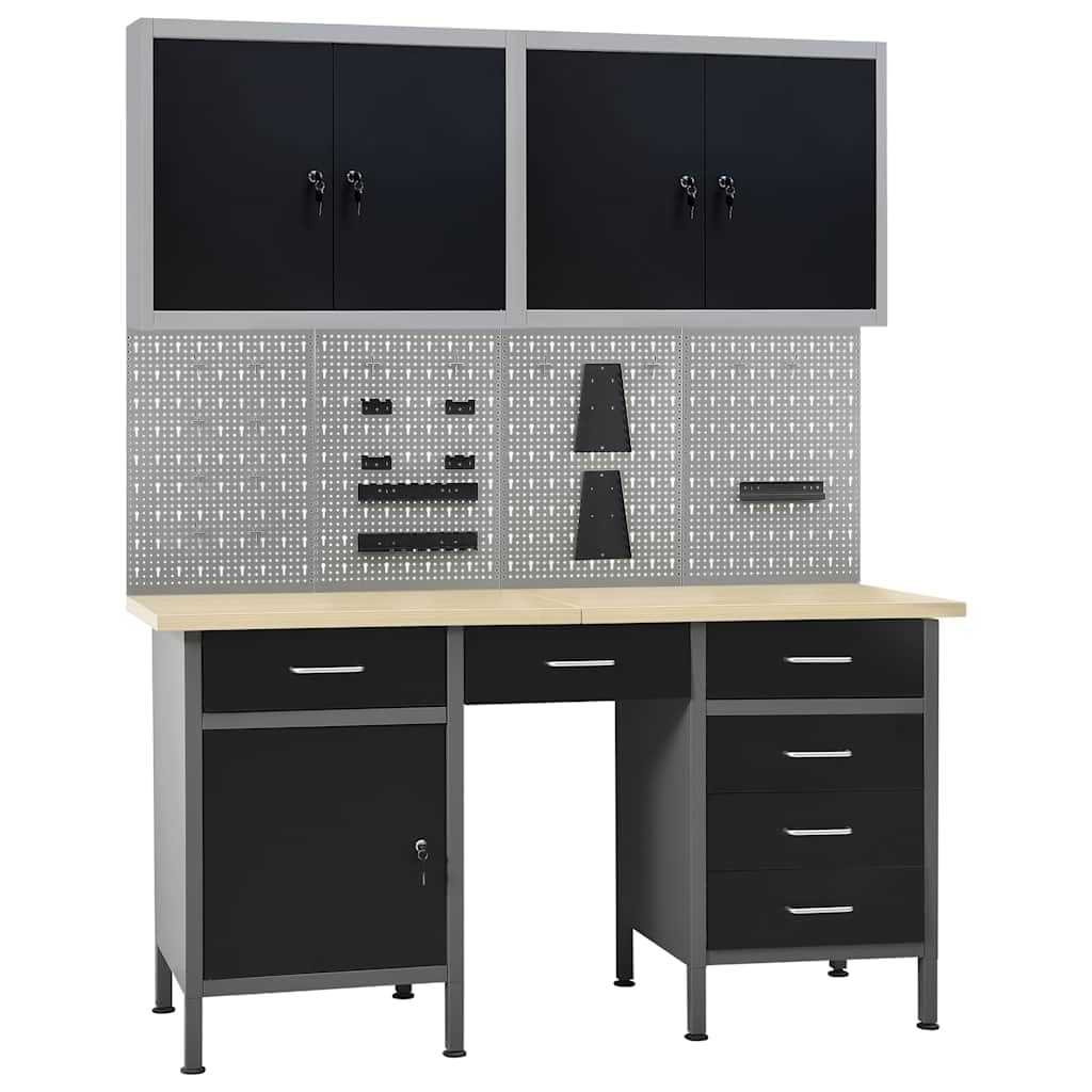 Stół warsztatowy z 4 ściankami narzędziowymi i 2 zamykanymi szafkami ściennymi, stalowo-drewnopochodny, 160 x 60 x 85 cm, 6 szufladami, udźwig 500 kg, idealny do warsztatu, garażu