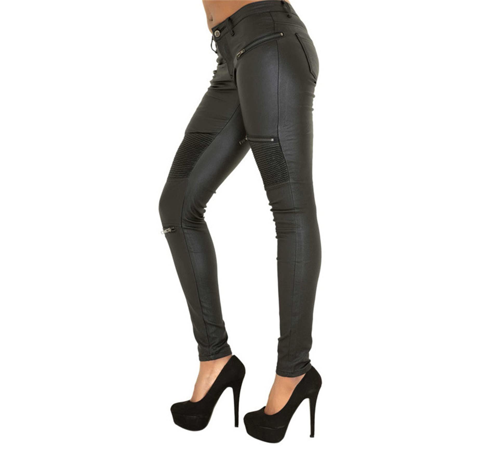Generisch JIER Damen Lederhose Sexy Skinny Bikerhose PU Leder Look mit Reißverschluss Biker Pants Leggings Große Größe Jeanshose Denim Bleistift Hose Jeanshose