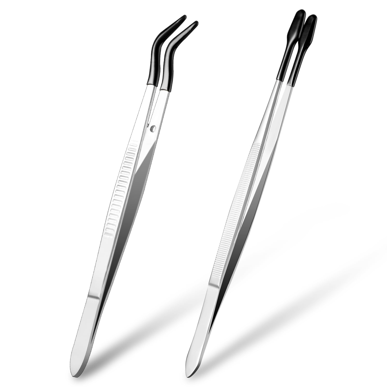 Gjinxi 2 pinzette in acciaio inox da 15,5 cm, punta piatta dritta, punta curva, antiscivolo, pinzette angolate con punta in gomma per lavori di precisione, lavori di laboratorio, gioielli artigianali
