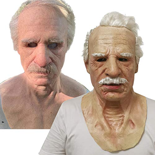 Realistic Old Man Mask With Hair and Beard,Funny, Scary, Crazy,Halloween Masks For Adult Grandpa Costume Party Props Human (A)