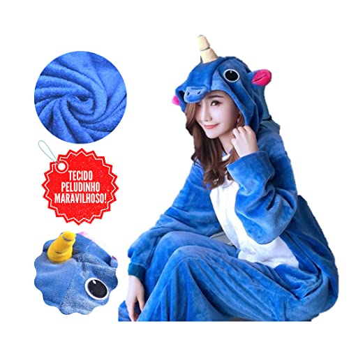 Pijama Feminino Kigurumi Unicórnio Azul Macacão com Capuz Tamanho: P