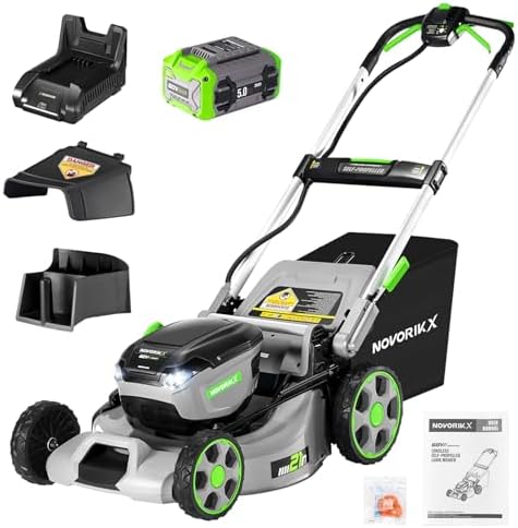 NovorikX Electric Lawn Mower, Self-Propelled Lawn Mower Cordless (60V 21”), 65 Min Long Runtime with 5.0Ah Battery, Rapid Charger and LED Headlight