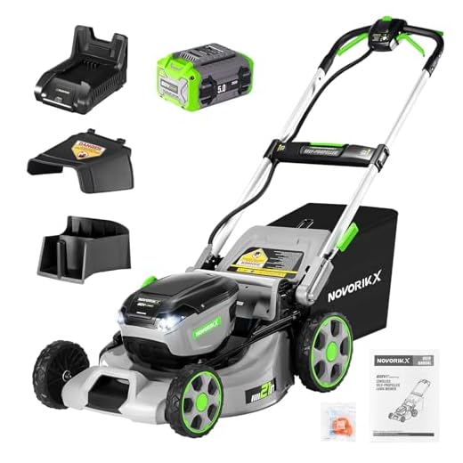 NovorikX 60V Self-Propelled Lawn Mower 21-Inch, Brushless Cordless Mower for Large Yards, Electric with LED Headlight, 5.0Ah Battery & Rapid Charger