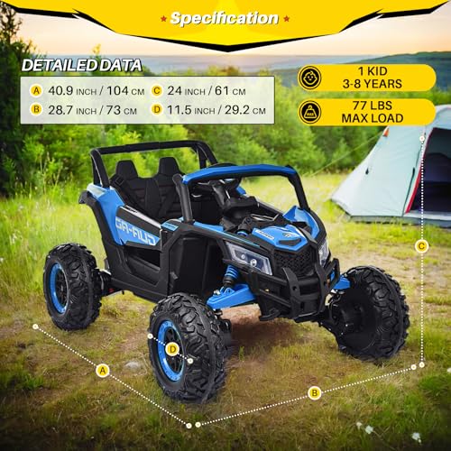 Blitzshark 24V Kids Ride on UTV 4WD Electric Off-Road Vehicle, with 4X200W Powerful Motors, 7AH Big Battery, 5 MPH MAX Speed, Remote Control, EVA Tires, Leather Seat, Metal Suspension, Music, Blue