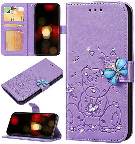 Robinsoni Case Compatible with iPhone 11 Shiny Case Sparkle Glitter PU Leather Wallet Cover Lavish Bling Diamond Embossed Bear & Butterfly Printed Case Folio Flip Kickstand Glossy Book Case Purple
