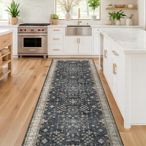 Black Boho Washable 2x6 Runner Rugs for Hallway Kitchen Bedroom Beside Laundry Room Bathroom Rug, Pet & Kids Friendly, Non Slip Low Pile Stain Resistant Soft Foldable Long 24 x 72 Floor Carpet - 2