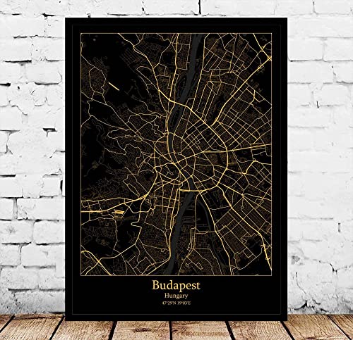Väggkonst canvas för vardagsrum, Budapest Ungern stadskarta väggkonst affischer moderna stora tryck bilder svart guld stad rektangel målningar pop väggmålningar konstverk för heminredning, 10 x 15 cm/3,93 x 5,90 tum
