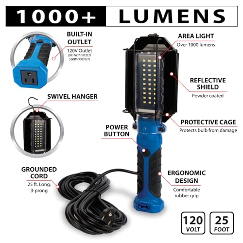 Image of Performance Tool W2237 25' 18GA 1,000 lumen 120V LED Drop Light with Extra Built in 120V Outlet, 1 Pack