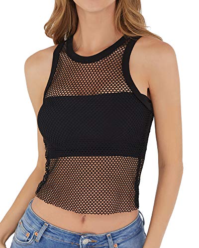 CLOZOZ Women's Fishnet Mesh Shirts Net See Through Tank Tops (Black-Racerback, M)
