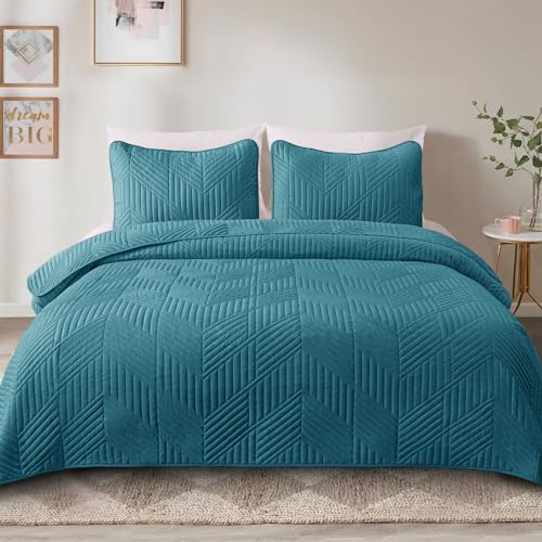 Exclusivo Mezcla Ultrasonic Full Queen Quilt Bedding Set, Lightweight Teal Bedspreads Soft Modern Geometric Coverlet Set for All Seasons (1 Quilt and 2 Pillow Shams)