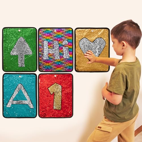 Image of ODOXIA Sequin Fabric Mats | Sequin Reversible Fabric Sensory Wall | Flip Sensory Wall Tiles for Kids | 5-Pack (Rectangles)