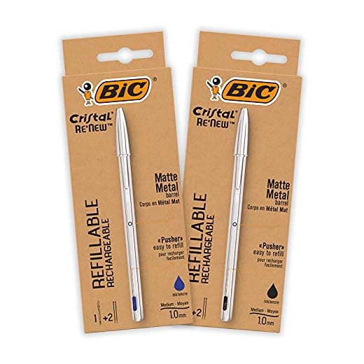 Bolígrafo BIC de Metal Reutilizable- BIC Cristal Re'New 2 Bolígrafos de Calidad y 2 Recargas - Tinta Azul y Negro, Pack de 2+2