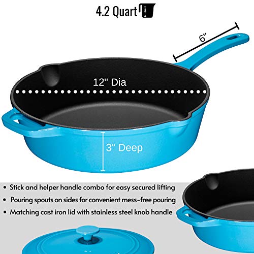 Bruntmor 5 Qt Turquoise Enamel Cast Iron Sauté Pan With Lid, 5 Quart Oven Safe Cast Iron Skillet, Cast Iron Grill Pan Set, Nonstick Cookware And Bakeware For Casserole Dish #TOP2