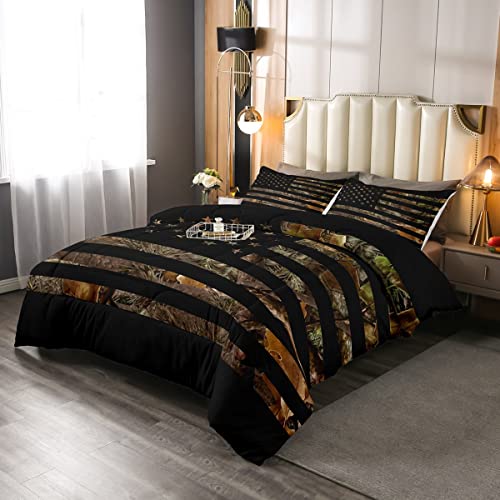 American Flag Camo Comforter Set Queen,Military Hunting Bedding Set Rustic Trees Leaves Camouflage Comforter For Boys Teens Kids Man Bedroom Nature Conifer Oak Branches Bedding Quilt Set 3 Pcs #TOP1