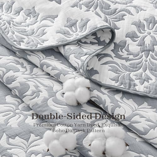 Exclusivo Mezcla Cotton Quilts Queen Size Grey, Soft Lightweight Bedspread Breathable Prewashed Bed Coverlet with 2 Pillow Shams, Boho Pattern Yarn Dyed Muslin Quilt Bedding Set for All Seasons — view 5