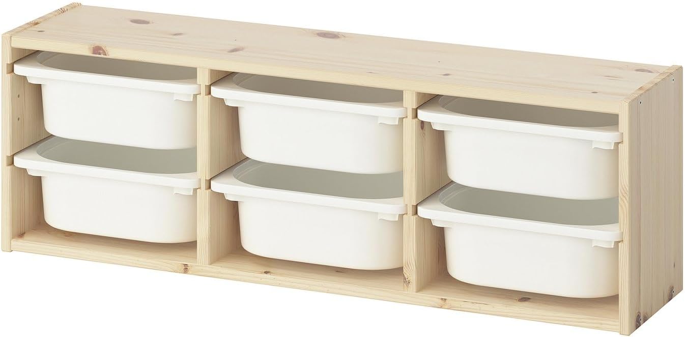 Wall Mounted Storage Unit, Solid Pine Wood Wall Organizer with Light White Stained Finish and White Storage Box, Space-Saving Toy Storage, 36.6 x 8.3 x 11.8 Inches