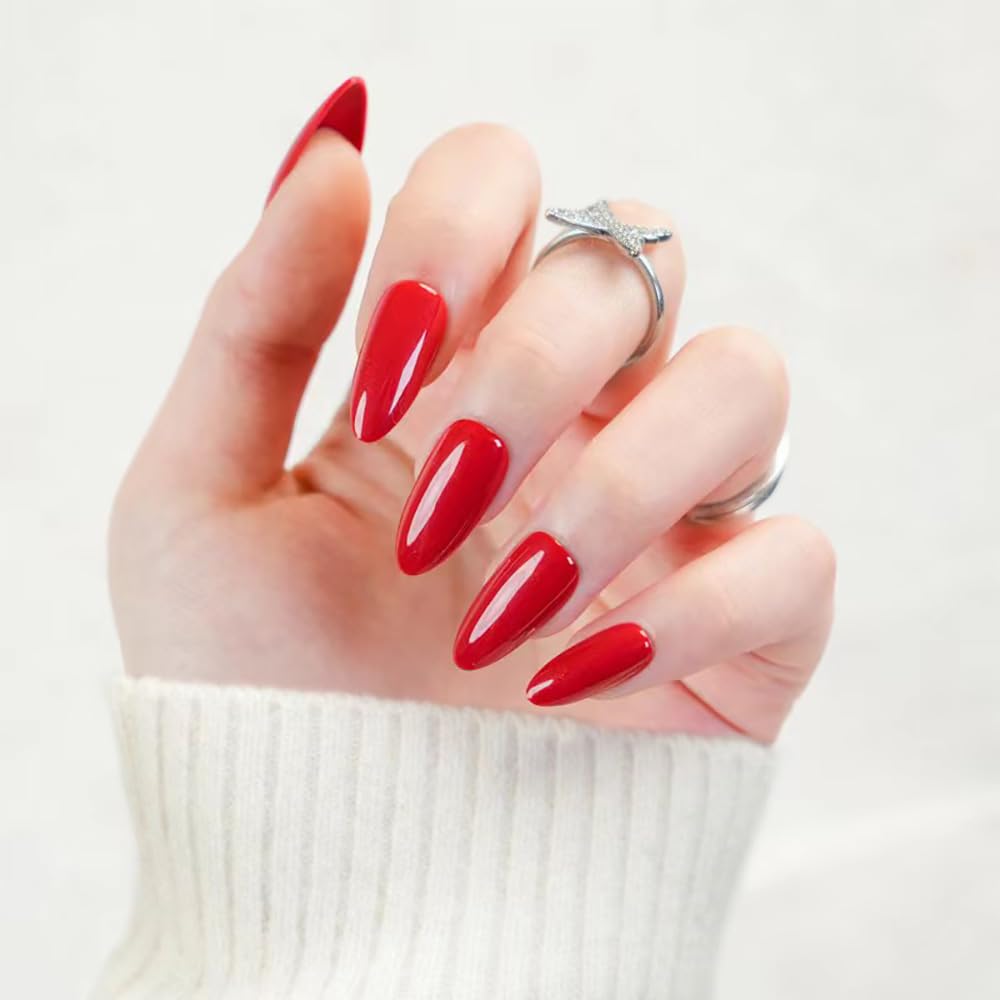 ELEGAGEL Red Press on Nails Almond，Medium Glossy Handmade Gel Fake Nails Color Reusable Salon Perfect Press on Nails in 15 Sizes - 30 Pcs Soft Gel