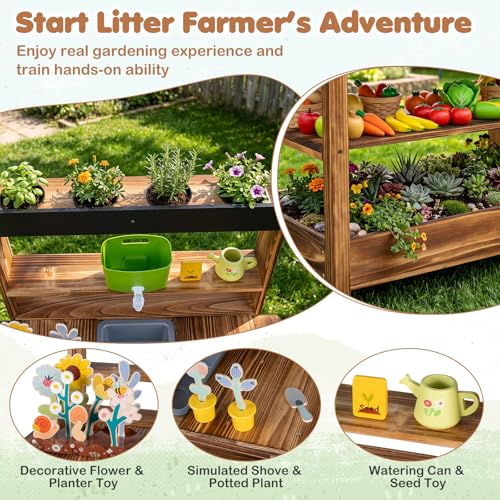 Costzon Outdoor Mud Kitchen for Kids, Toddler Wooden Potting Bench w/Water Faucet, Sink, Planter, Seeding Pots, Chalkboard, Gardening Tools, Flower Toys, Sensory Play Kitchen for Boys Girls Age 3+ - Image 4