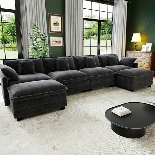 Image of 146 inch Cloud Couch Sectional Modular Sofa, Deep Seat Couches with Ottoman and Removable Washable Pillows for Living Room, Bedroom, Apartment, Black