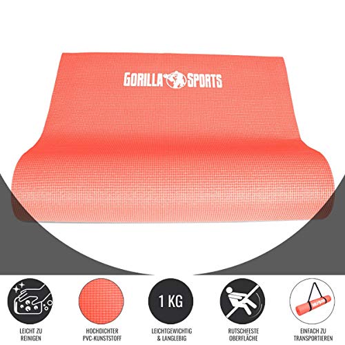 Foto von GORILLA SPORTS® Yogamatte - mit Tragegurt, 180 x 60 x 0,5 cm, Rutschfest, Leicht, Farbwahl - Fitnessmatte, Sportmatte, Gymnastikmatte, Pilatesmatte, Übungsmatte, Yoga Matte