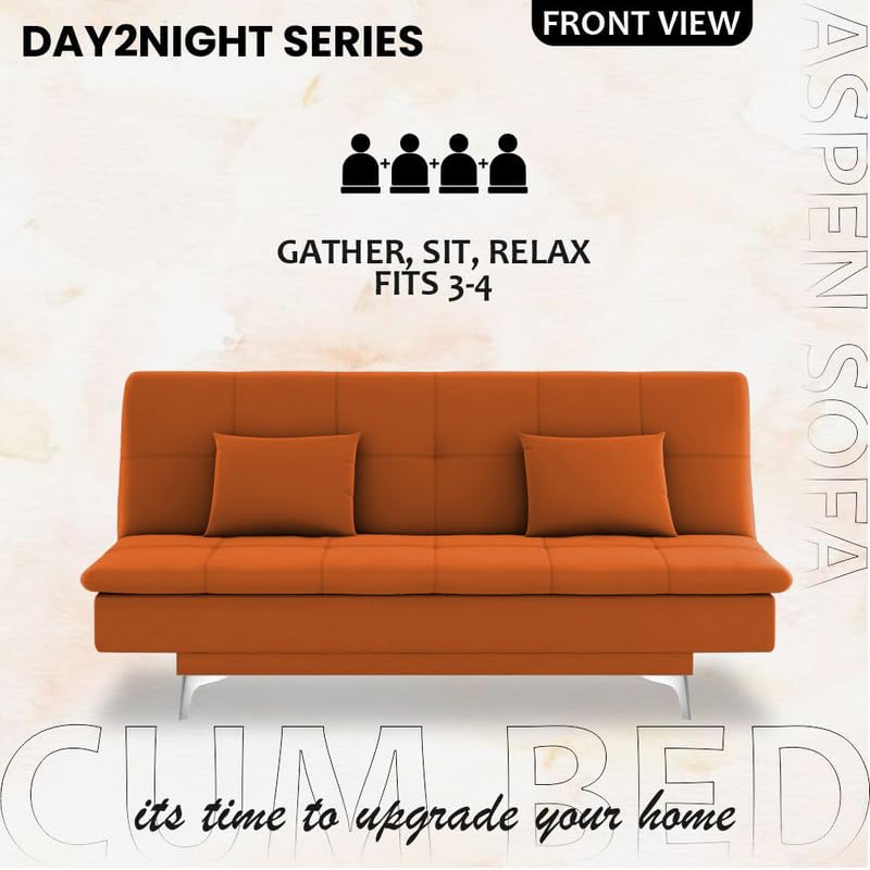 Image of Adorn India Premium New Aspen 3 Seater Sofa Cum Bed 4X6 Velvet Suede with 2 Cushions (Color Orange) and Suitable for All Indoor, with 3 Years Warranty