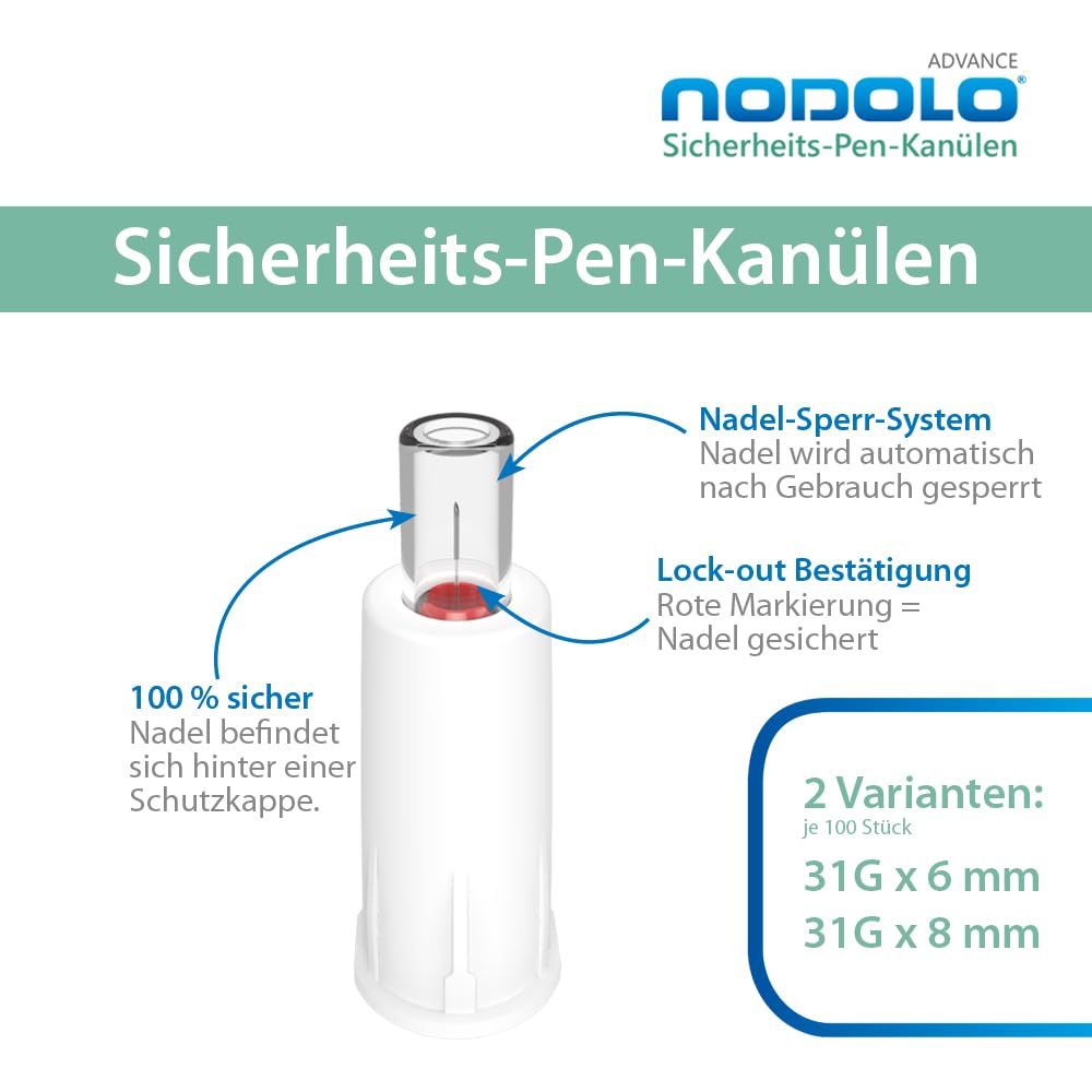 Sicherheits Pen Nadeln (8 mm) - Sterile Insulin Pen Kanülen mit Nadelschutz - Einweg Insulinnadeln - 100 Stück - 31 G - Passend für alle gängigen Insulin Pens - Sicherheit bei jeder Injektion