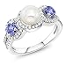 Gem Stone King Cultured Freshwater Pearl and Gemstone Birthstone Ring for Women | 925 Sterling Silver | Round 4MM | Fine Jewelry Gifts for Her Mom Women Wife | Tanzanite-December | Size 5