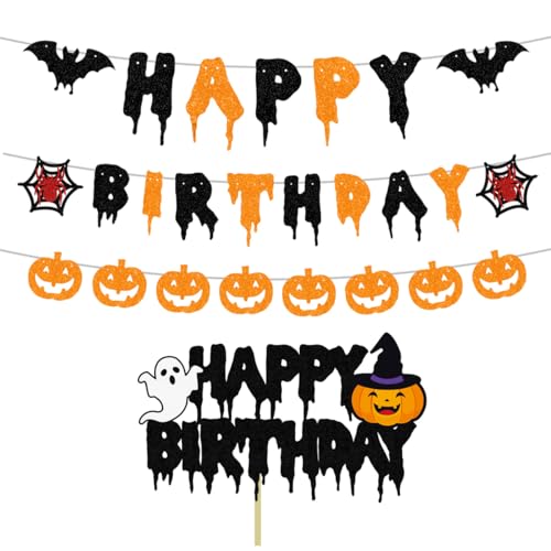 ANFEST Happy Birthday Halloween Banner Black Glitter Happy Birthday NO DIY Halloween Paper Garland Bunting Cake Banner Hanging Party Decorations for Indoor or Outdoor