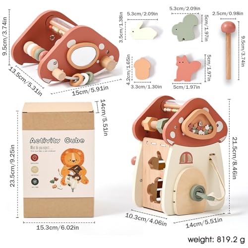 Cubo de actividades para bebés con forma de hongo y juguetes de madera 5 en 1 para niños 5