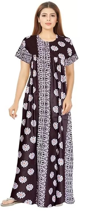Image of Keyocean Women's Cotton Printed Nighty Night Gown Maxi Free Size (Pack of 2) Coffee&Green
