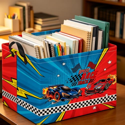 Image of Rectangle Storage Basket with Handles,Collapsible Storage Bin,Books Box,Gift Basket(Red vs. Blue Racing)