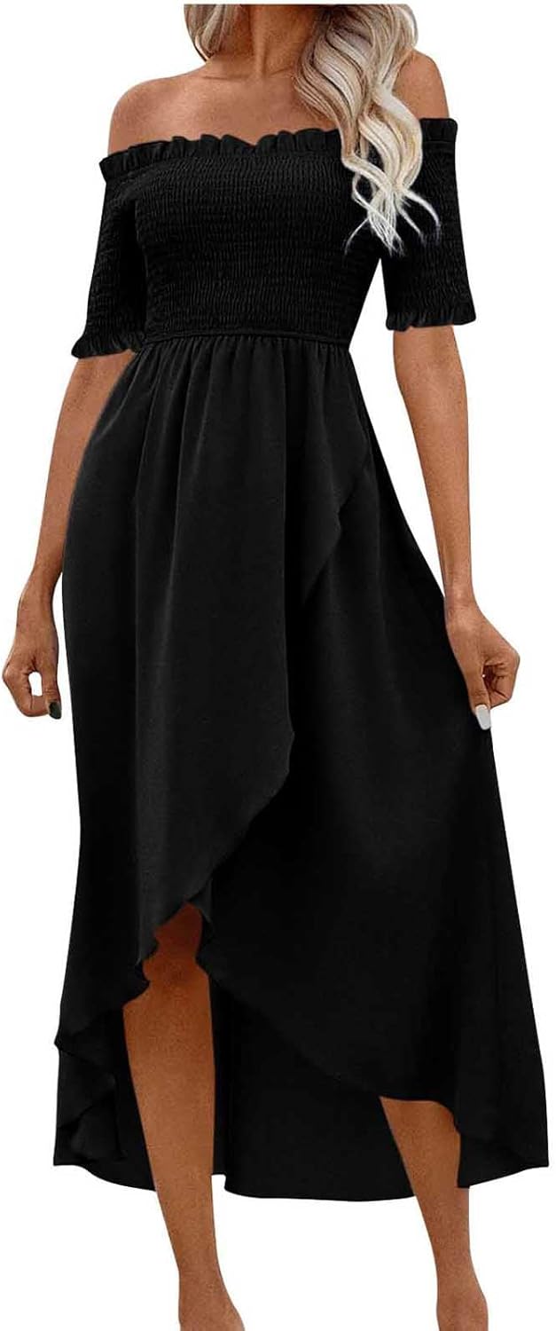 Womens Off Shoulder Summer Wedding Guest Dresses A Line Flowy Dressy Smocked Ruched Irregular Hem Short Skater Dress