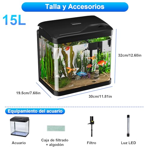 Vankarr 15L Acuario de Cristal Acuarios y Peceras Completas,con Sistema de Filtrado Integrado e Iluminación LED,Acuarios de Iniciación, Negro - imagen 7