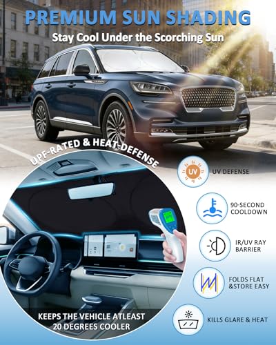 Image of Windshield Sun Shade for Lincoln Aviator 2020-2025 2026, Custom-Fit Aviator Sun Visor Protector, 99% UV Block Heat Sun Shield, Silver Reflective Front Window Sunshade
