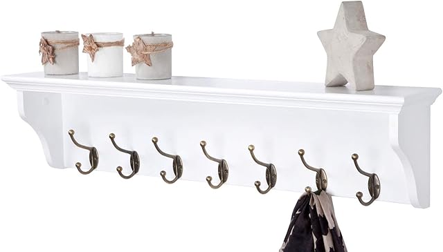Wall Mounted Coat or Towel Rack with Shelf, White Wooden and 7 Double Hooks Suit Hall, Bathroom, Kitchen and Cloakroom, Richmond Range