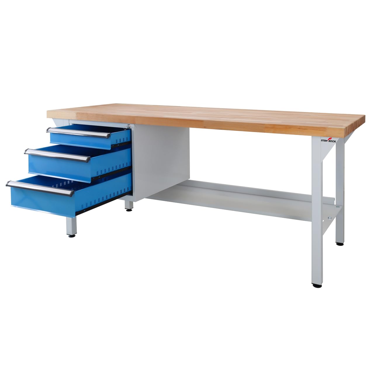Steinbock Werkbank mit 3 Schubladen | 500 kg Tragkraft | HxBxT 85 x 200 x 75 cm | Lichtblau | 5 cm Starke geölte Massivholz-Arbeitsplatte | stabiles Stahlgestell | Made in EU | Werktisch