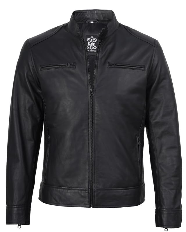 Image of Blingsoul Leather Jacket Men - Real Lambskin Cafe Racer Motorcycle Style Jacket for Mens